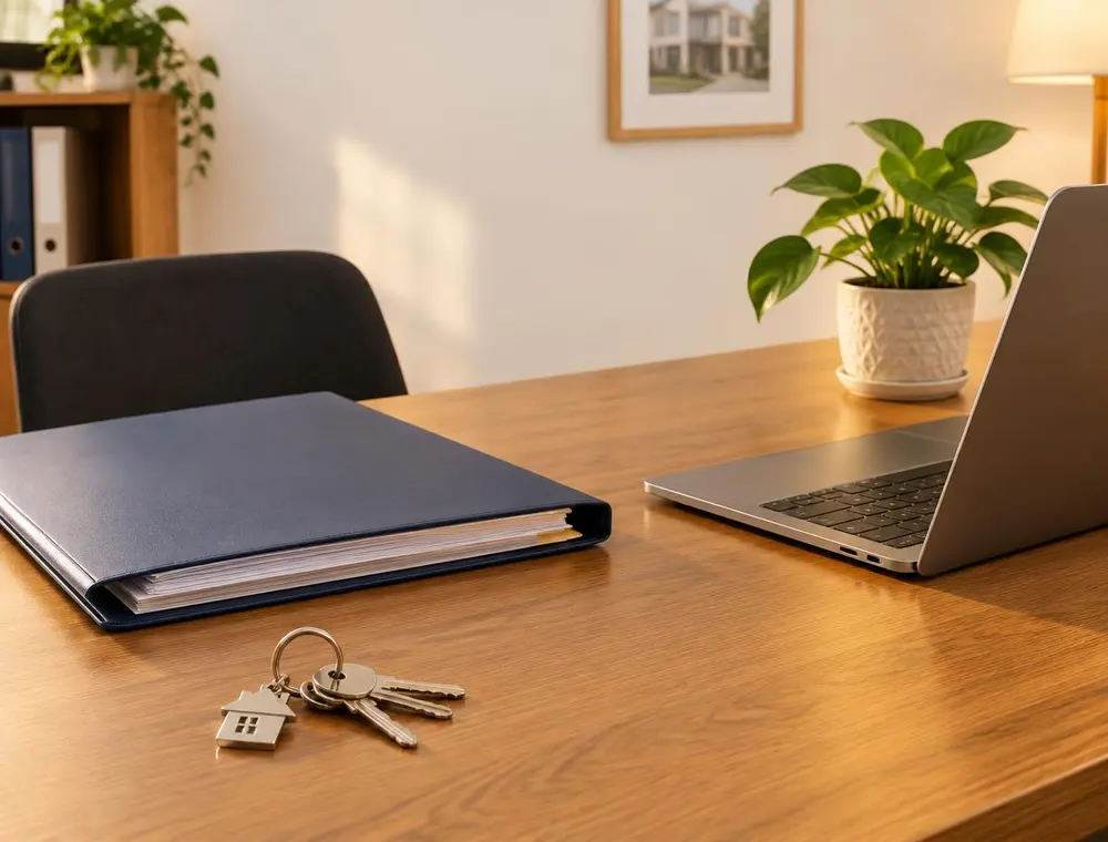 Escritorio de oficina de rentas con carpeta de contratos, llaves y laptop