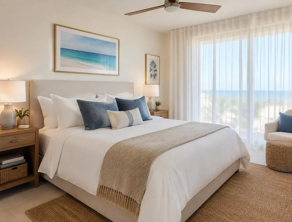 Recámara con cama matrimonial tendida, ropa de cama blanca y cojines azules